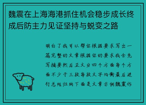 魏震在上海海港抓住机会稳步成长终成后防主力见证坚持与蜕变之路